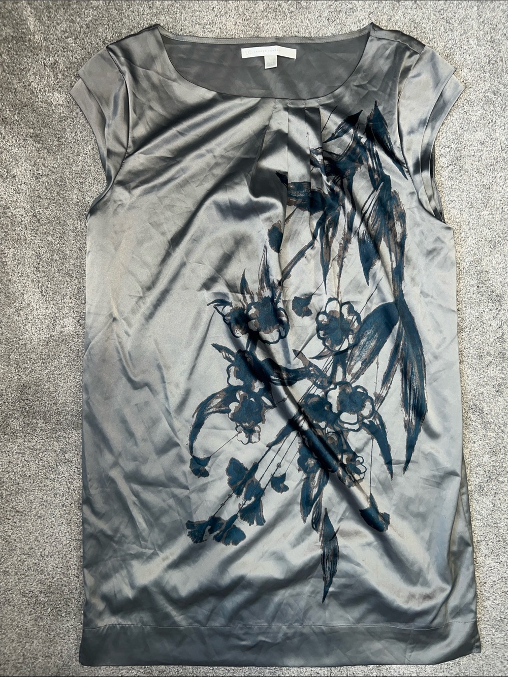 LC Lauren Conrad Satin Floral Shift Dress Women’s Large Gray Blue Career Dress